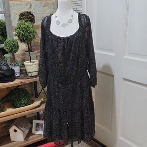 Tommy Hilfiger Women's Black Long Sleeve Midi Dress, White Dots, Sz 14 Romantic